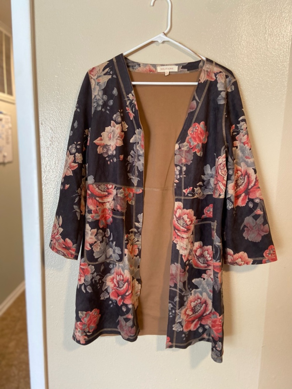 Floral Open-Front Duster Cardigan - Brown with Coral Roses